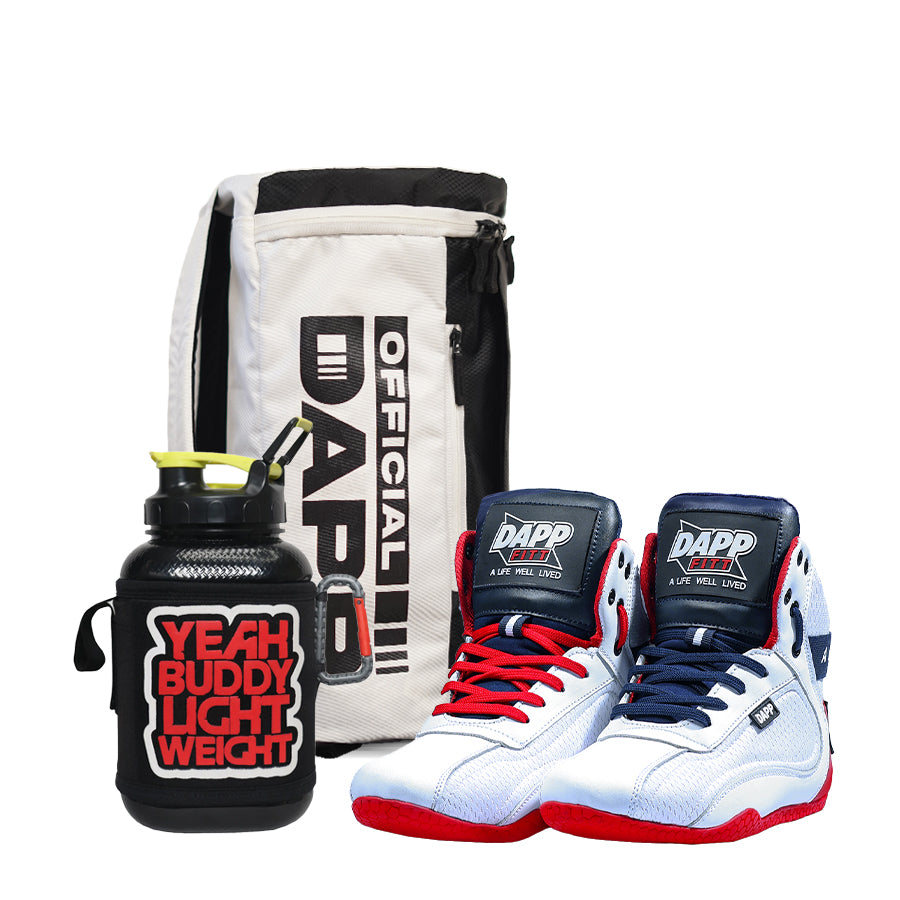 DAPP ActiveKitG Weightlifting WhiteRed Shoes and Athletic Duffle Bag White and Hydration Gallon