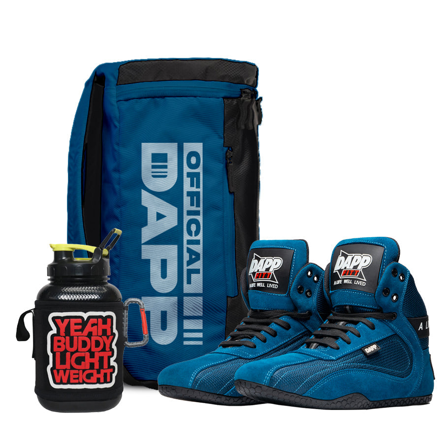 DAPP ActiveKitG Weightlifting Blue Shoes and Athletic Duffle Bag Blue and Hydration Gallon