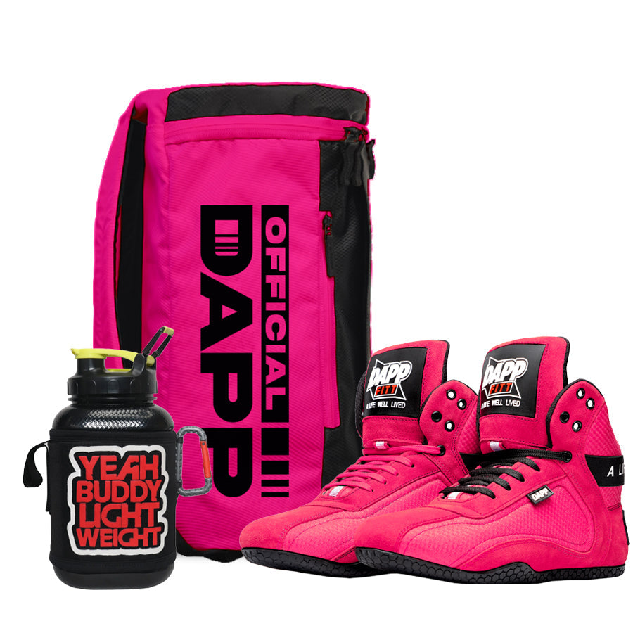 DAPP ActiveKitG Weightlifting Shoes Pink and Athletic Duffle Bag Pink and Hydration Gallon